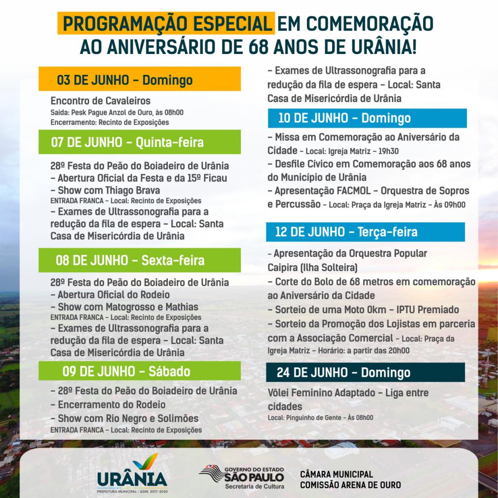 Calendário de festividades para comemorar os 68 anos de Urânia
