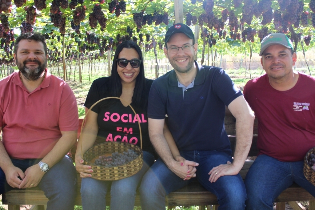 O secretário de agricultura, Anderson Chapichi, a primeira-dama Andréa, o prefeito Márcio Arjol, e o viticultor Weber Boraschi no Vale das Vitórias