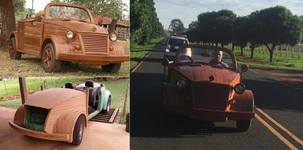 Fusca de madeira construído por marceneiro é escoltado para participar de exposição na região