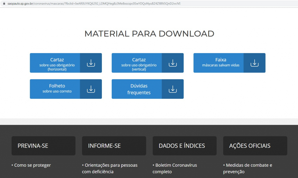O site contém diversas informações relacionadas a pandemia da Covid-19 e link para download de material orientativo