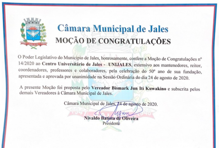 Unijales recebe Moção de Congratulações da Câmara de Vereadores de Jales pelos seus 50 anos