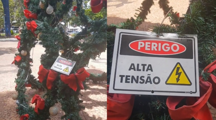 O aviso na árvore colocada na Praça João Mariano de Freitas