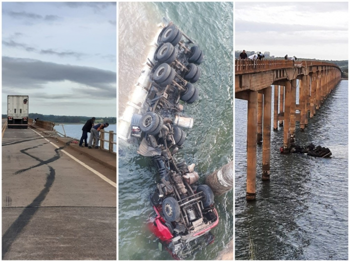 Motorista morre após carreta cair de ponte sobre represa