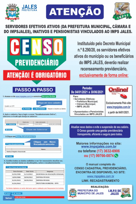 Servidores municipais ativos e beneficiários do IMPS Jales devem realizar Censo Previdenciário online
