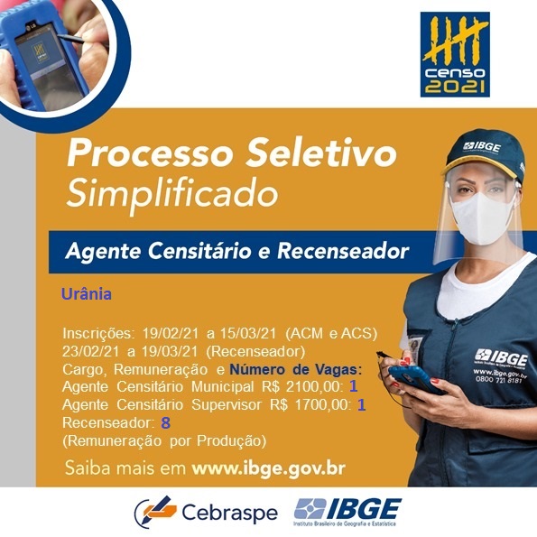IBGE disponibiliza 10 vagas para o município de Urânia
