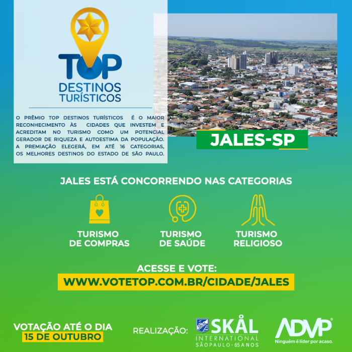 Jales continua concorrendo ao Prêmio Top Destinos nas categorias de turismo de saúde, religioso e de compras