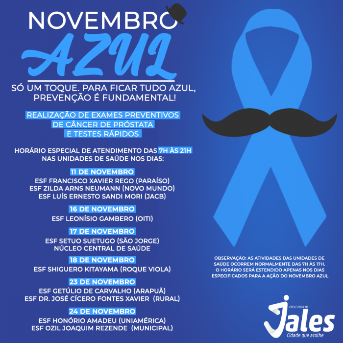 Unidades de saúde de Jales também abrirão à noite durante o Novembro Azul