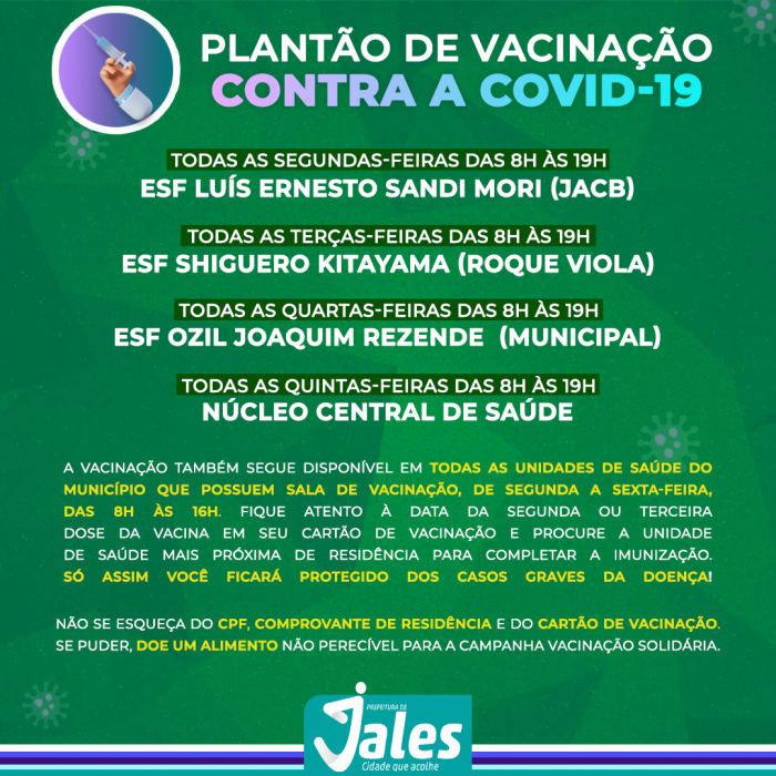 Prefeitura de Jales continua com Plantão de Vacinação contra a covid-19 em unidades de saúde