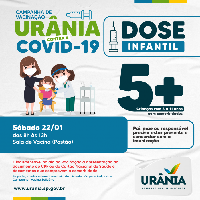 Urânia inicia vacinação de crianças com comorbidades neste sábado (22)