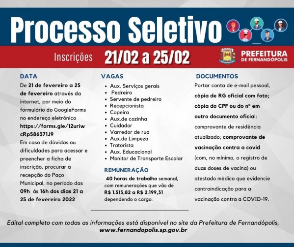 Prefeitura de Fernandópolis divulga informações do Processo Seletivo Simplificado