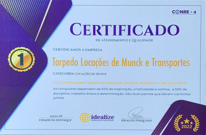 Torpedo Locações de Munck e Transportes é eleita a melhor empresa na categoria de locações de Munck