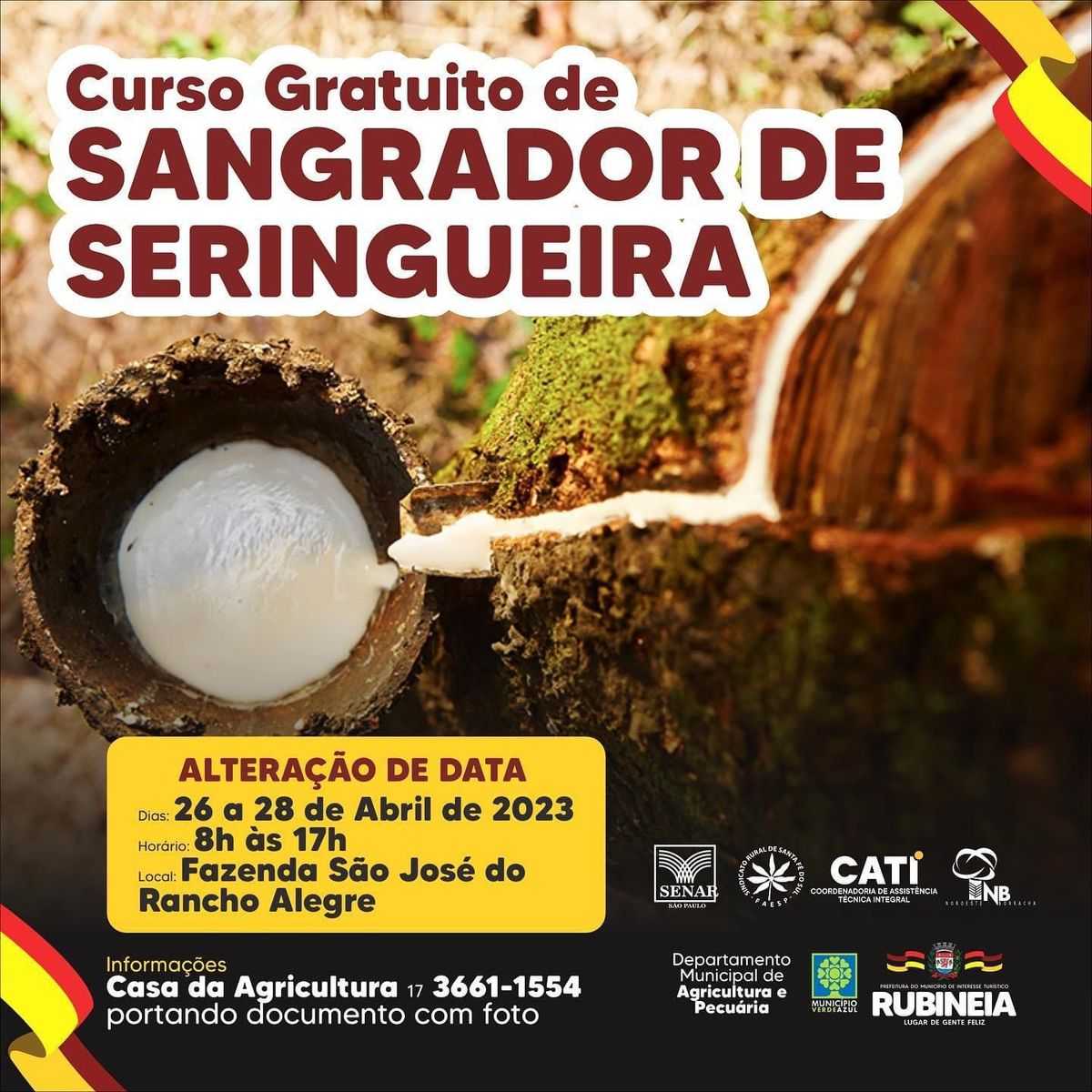 Curso gratuito de Sangrador de Seringueira será realizado dias 26, 27 e 28 de abril
