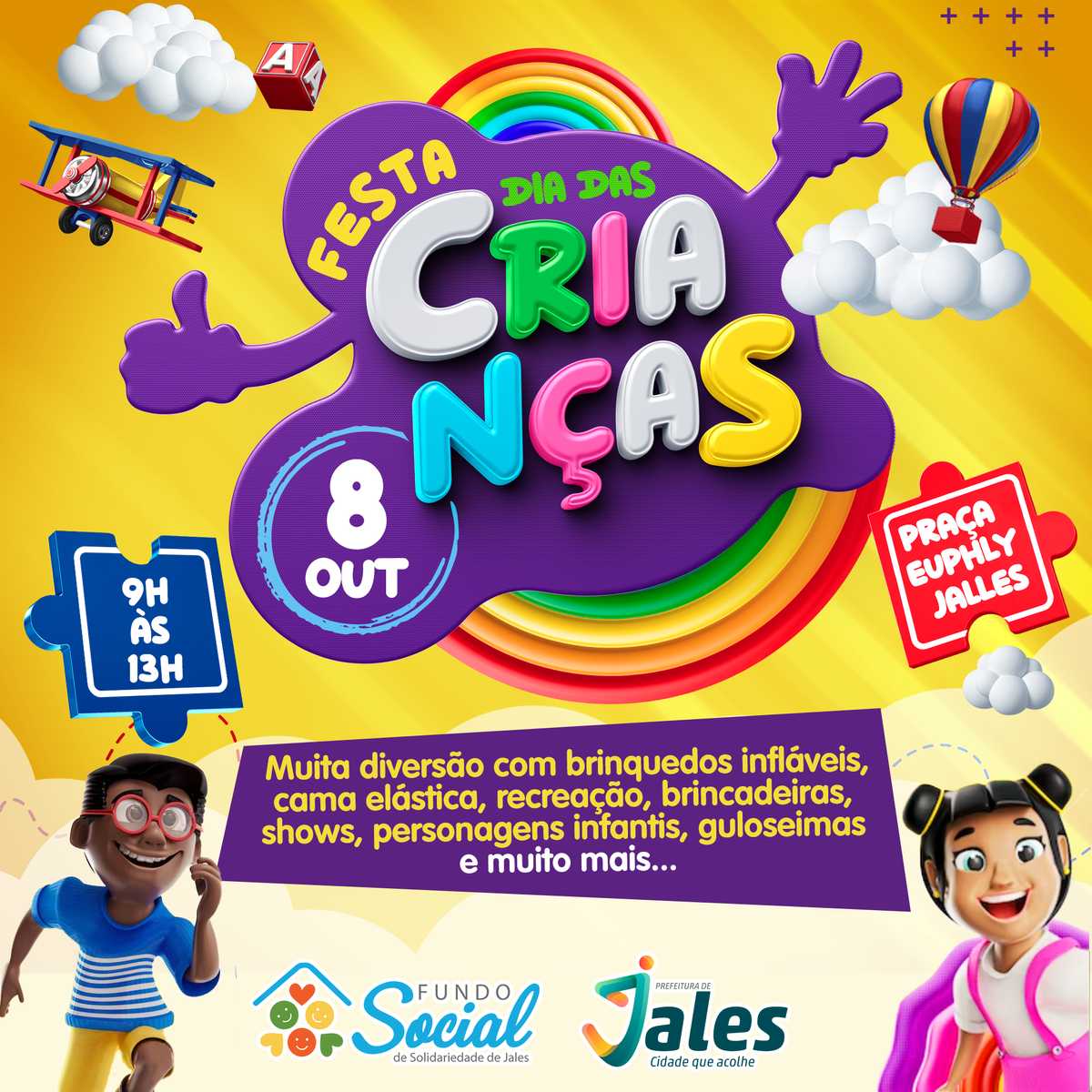Fundo Social realizará festa do Dia das Crianças no dia 8 de outubro na Praça Dr. Euphly Jalles