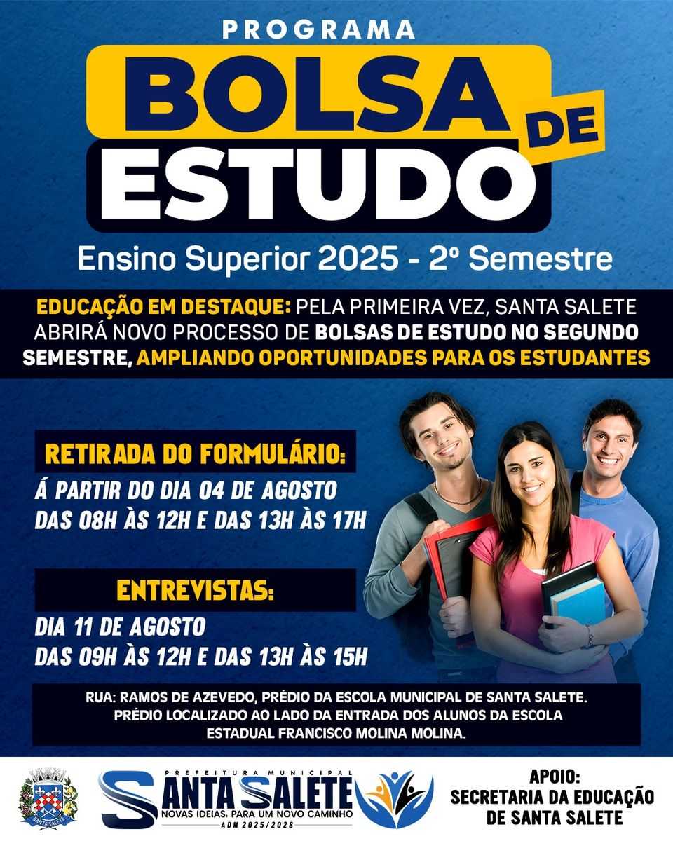 Prefeitura de Santa Salete abrirá inscrições para o Programa de Bolsas de Estudo do Ensino Superior no segundo semestre de 2025