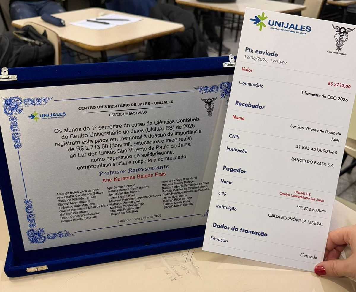 Para marcar a ação solidária, uma placa com os nomes de todos os alunos da turma foi confeccionada e entregue à diretoria do Lar São Vicente de Paulo de Jales