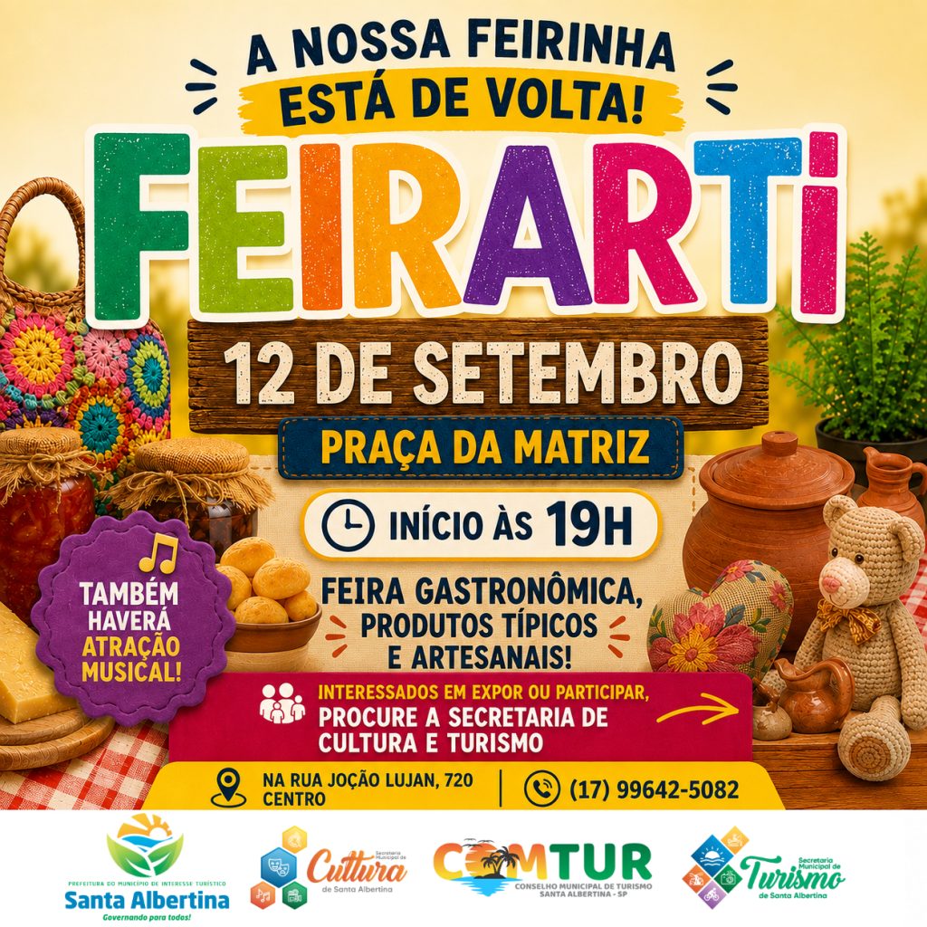 Feirarti está de volta: Santa Albertina terá uma noite especial de gastronomia, artesanato e cultura