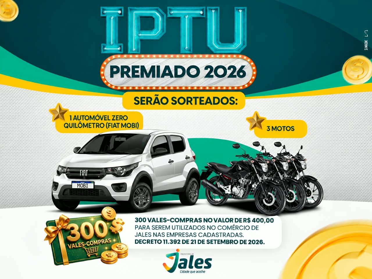 Prefeitura de Jales vai sortear carro 0 km, três motos e 300 vales-compras na campanha IPTU Premiado 2026